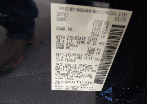 2020 Nissan Murano Sv Fwd из США, поврежденный, VIN 5N1AZ2BJ5LN131486